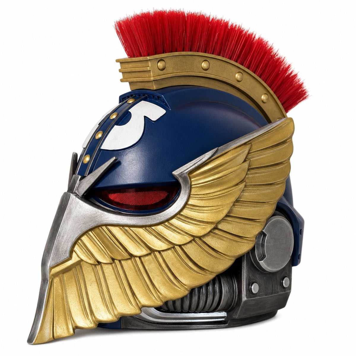 Ultramarine Honor Guard Suzerain helmet, side profile with gold wing face plate