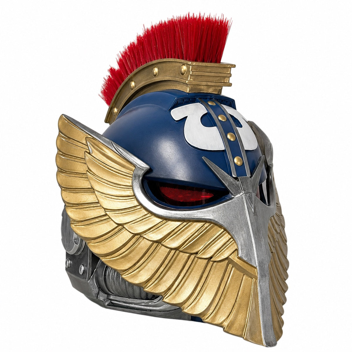 Ultramarine Honor Guard Suzerain helmet with red LED eye lens, front three-quarter view