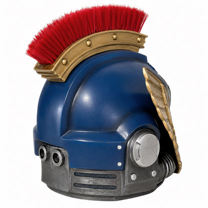 Ultramarine Honor Guard Suzerain wearable helmet, rear left view with red crest
