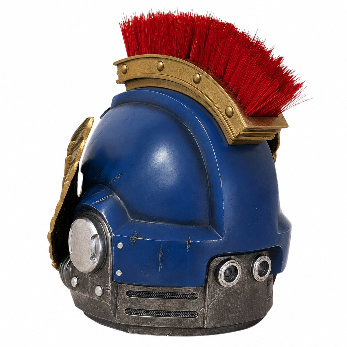Ultramarine Honor Guard Suzerain wearable helmet, rear right view with red crest
