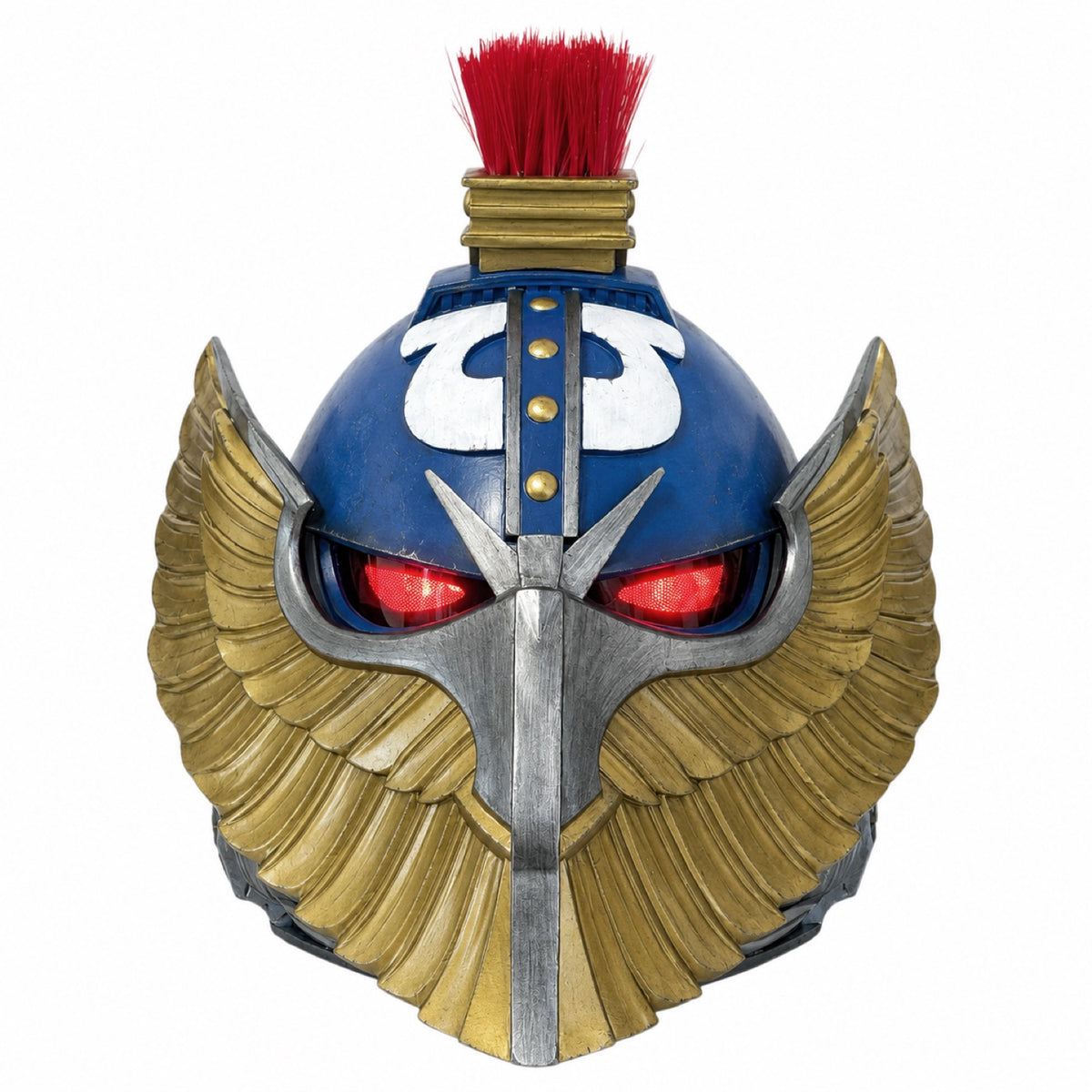 Ultramarine Honor Guard Suzerain helmet, front view with red LED eye lenses and gold winged face guard