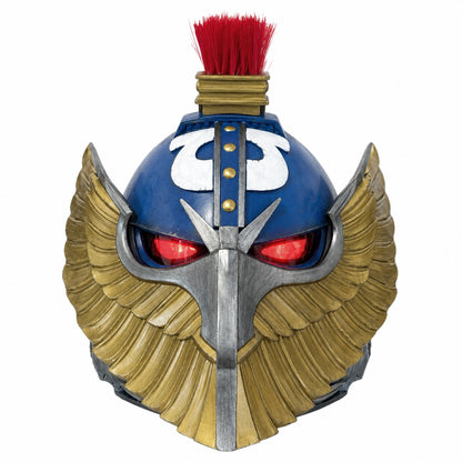 Ultramarine Honor Guard Suzerain helmet, front view with red LED eye lenses and gold winged face guard