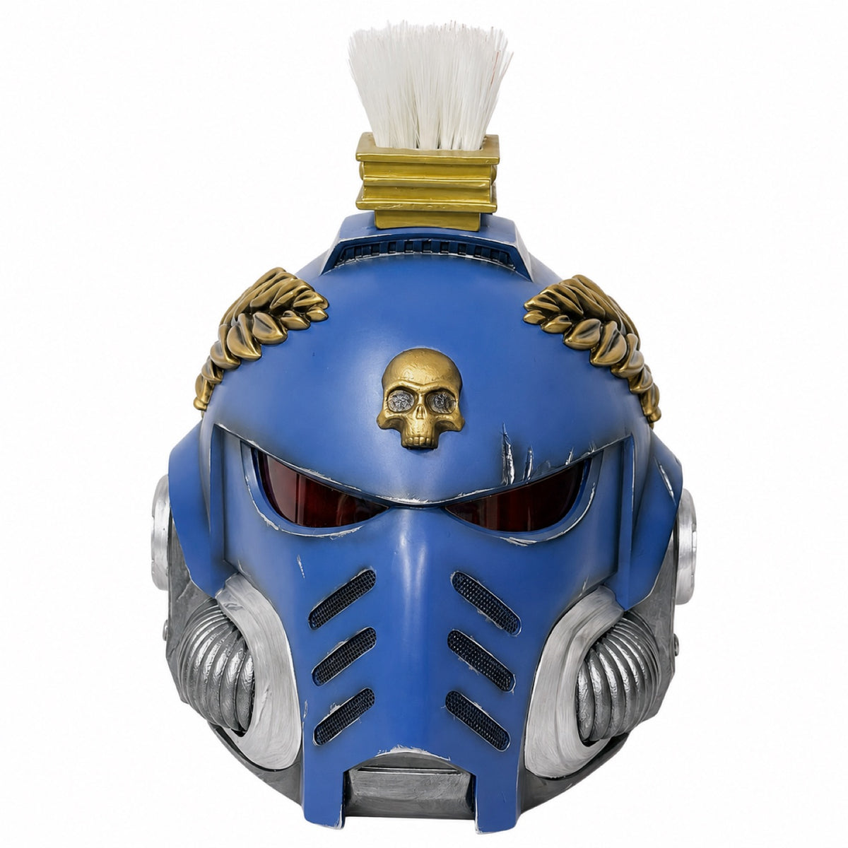 Ultramarines Captain Mk X wearable helmet, front view with gold skull badge