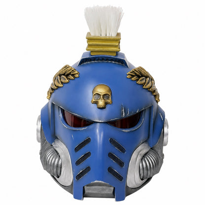 Ultramarines Captain Mk X wearable helmet, front view with gold skull badge