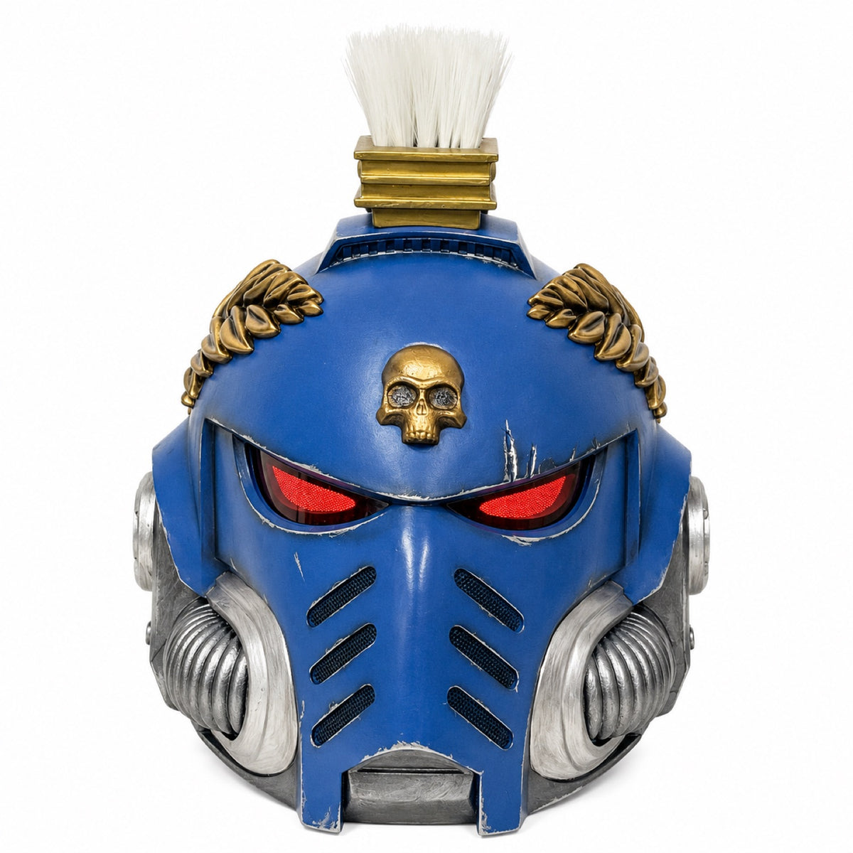 Ultramarines Captain Mk X helmet, front view with illuminated red eye lenses