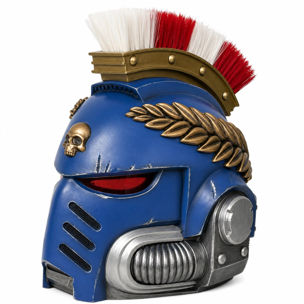 Ultramarines Captain Mk X helmet, front three-quarter view with silver respirator housing