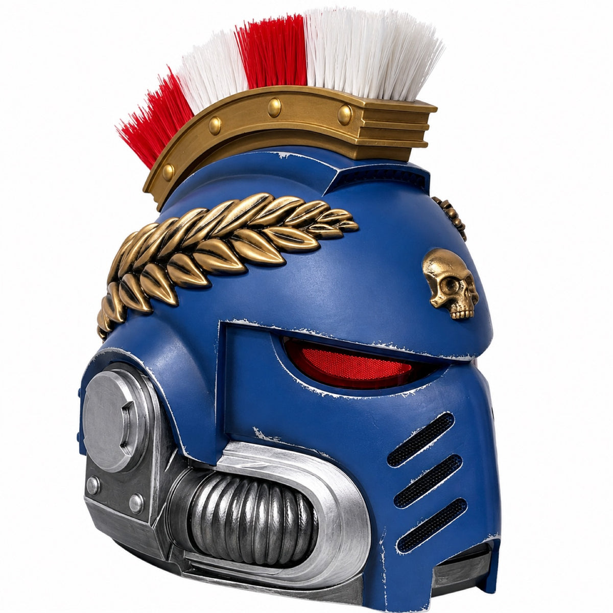 Ultramarines Captain Mk X helmet, side profile with gold laurel and red-white crest