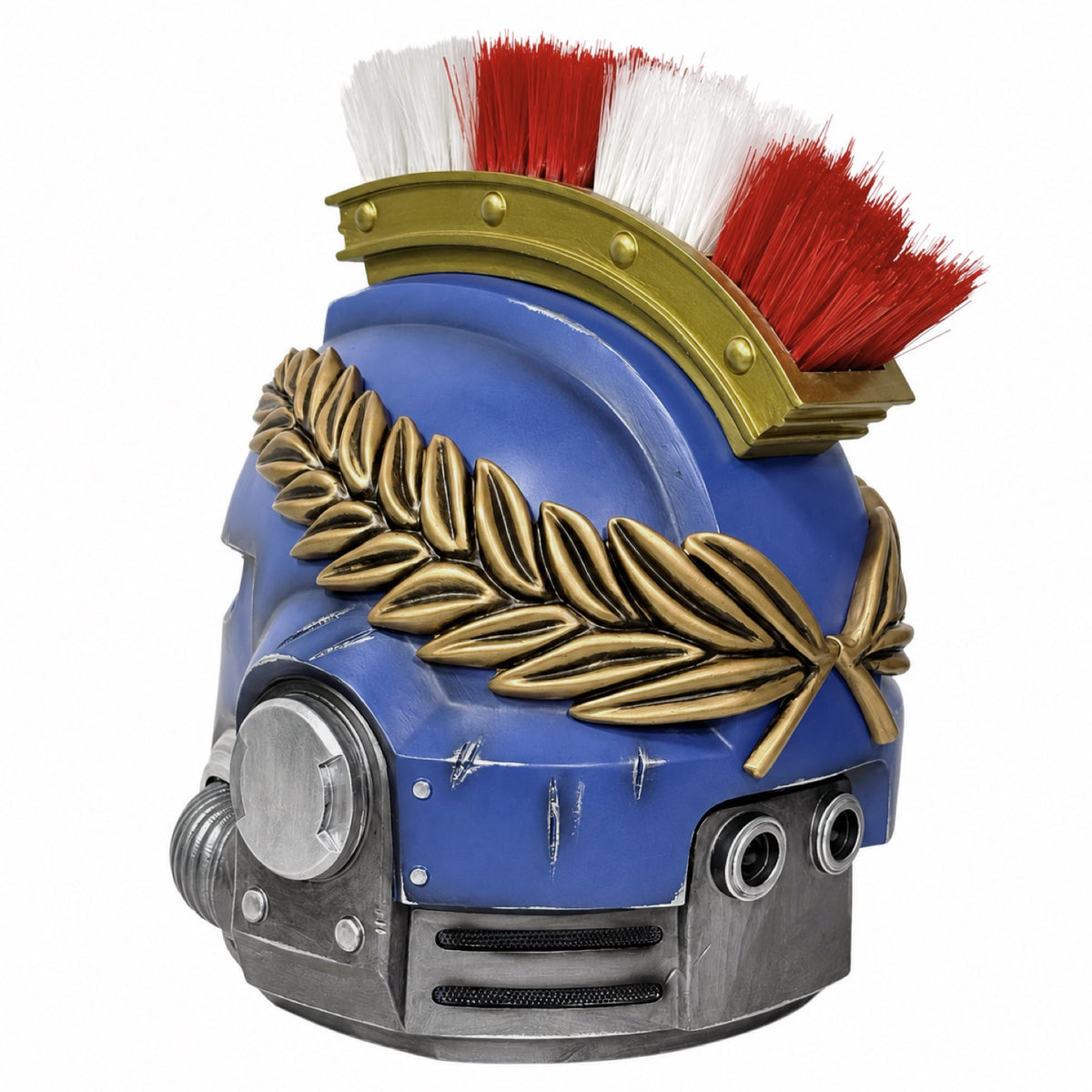 Ultramarines Captain Mk X wearable helmet, rear left view with laurel crown