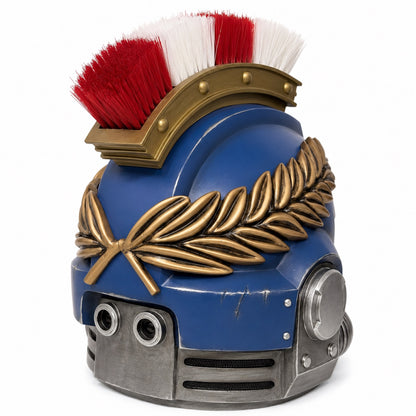 Ultramarines Captain Mk X wearable helmet, rear right view with crest detail