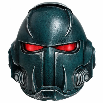 Warhammer 40K Alpha Legion Chaos Marine helmet front view with red LED eyes lit