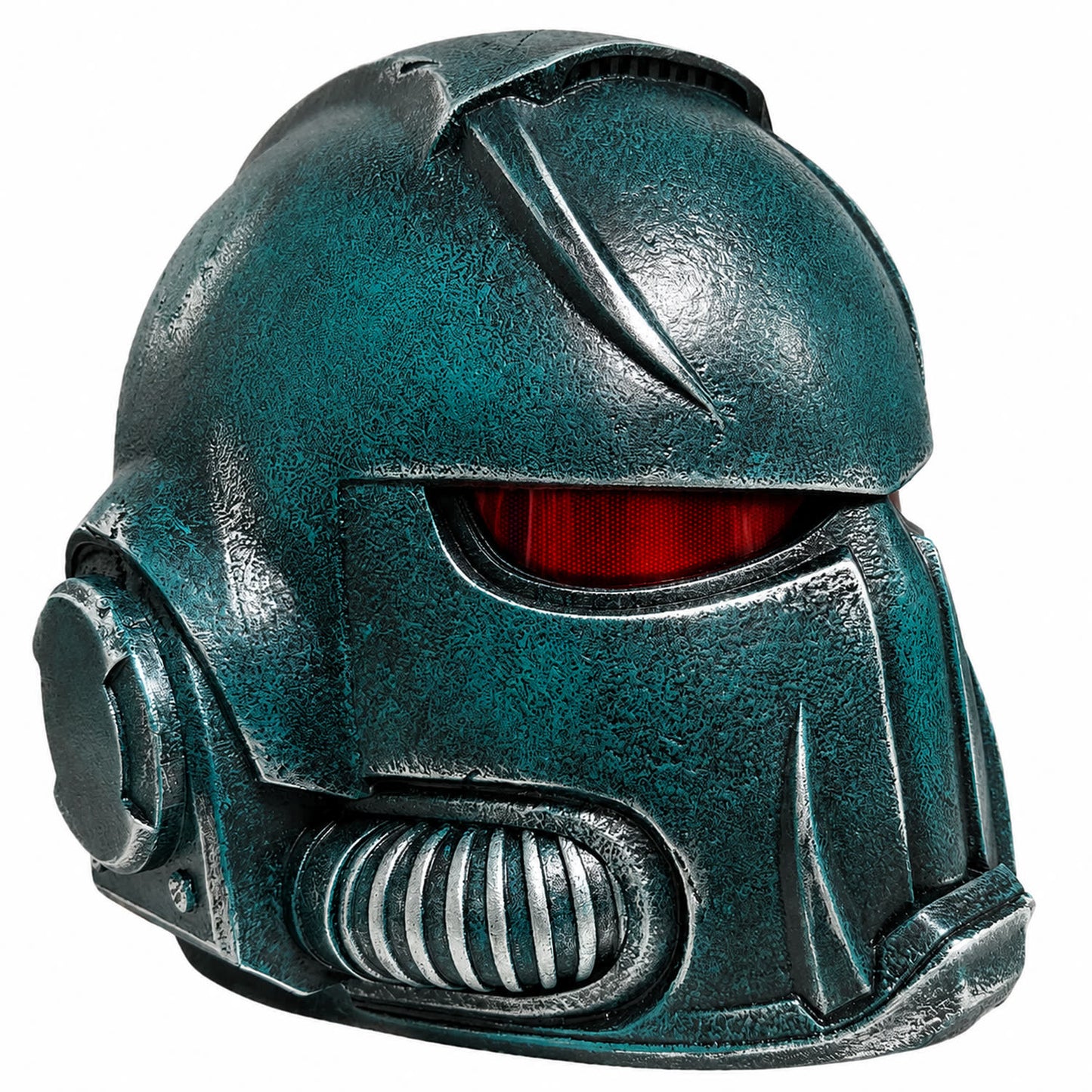 Warhammer 40K Alpha Legion Chaos Marine helmet front left three-quarter view with LED eyes lit