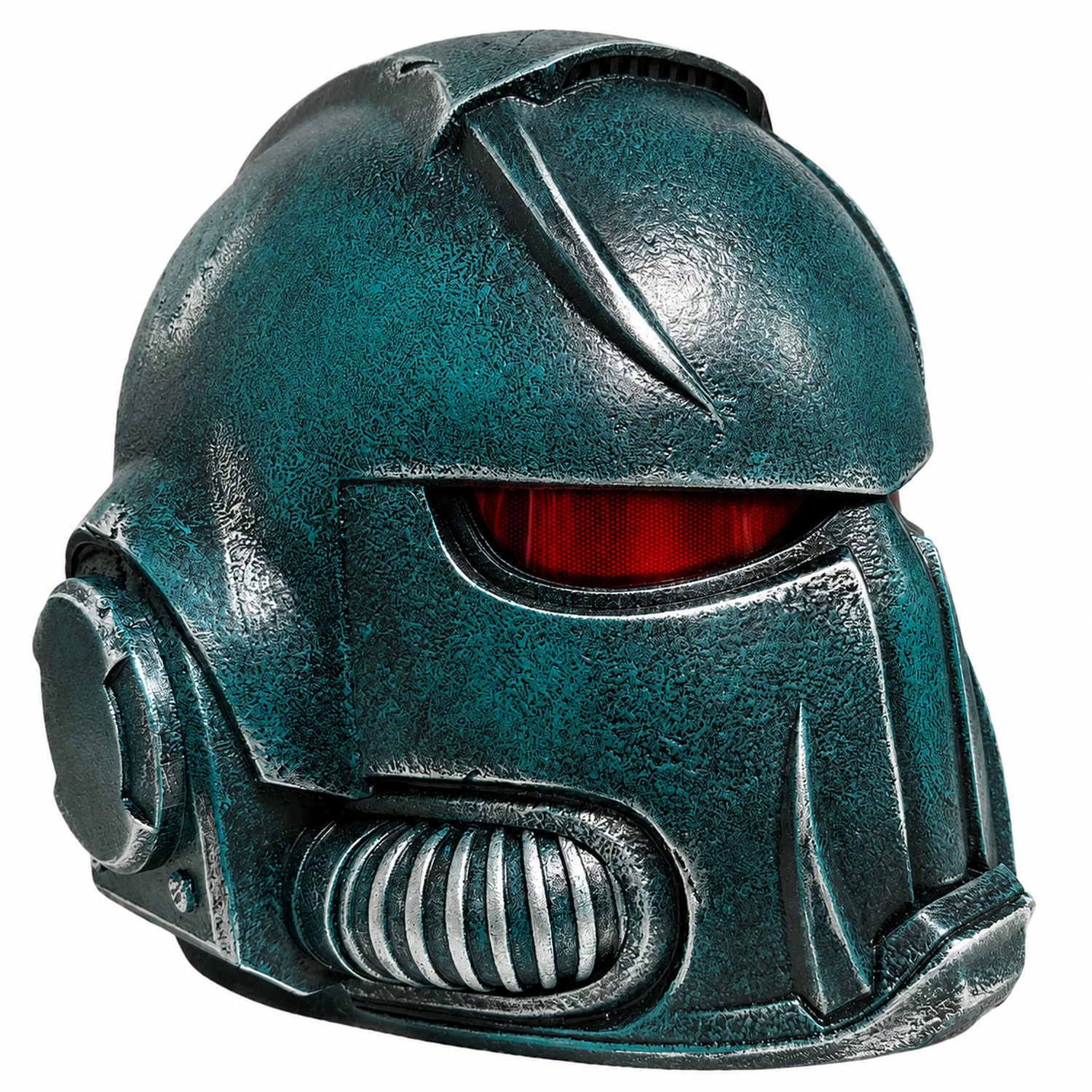 Warhammer 40K Alpha Legion Chaos Marine helmet front left three-quarter view with LED eyes lit