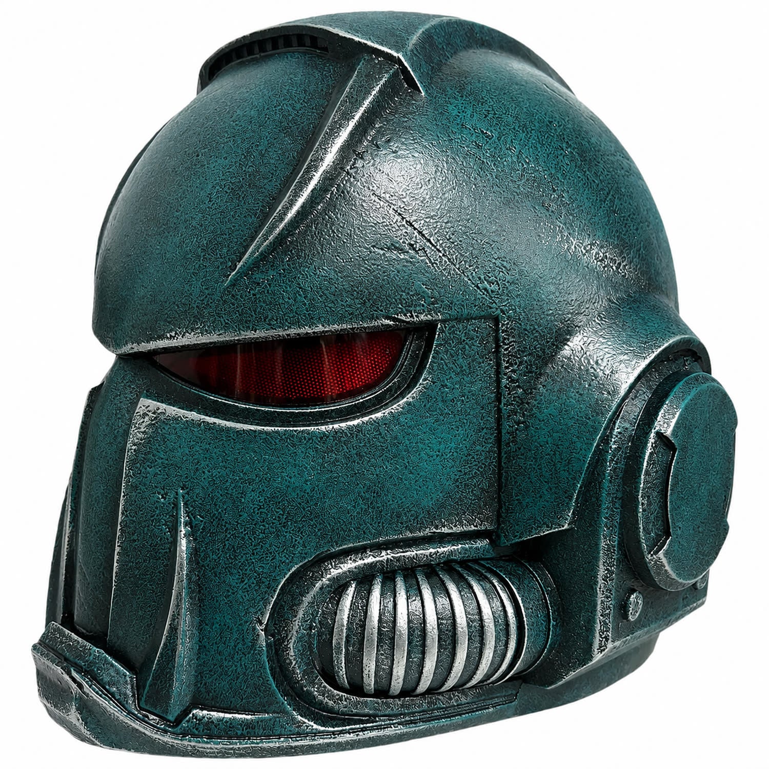 Warhammer 40K Alpha Legion Chaos Marine helmet front right three-quarter view with LED eyes lit