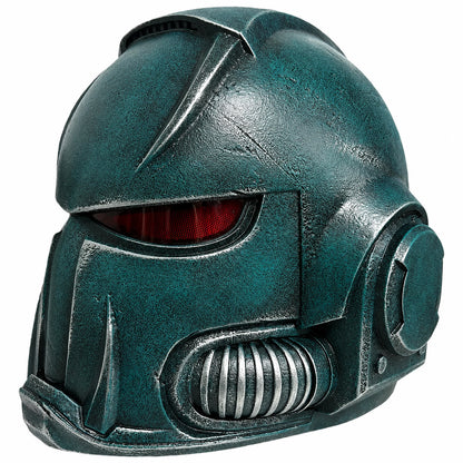 Warhammer 40K Alpha Legion Chaos Marine helmet front right three-quarter view with LED eyes lit
