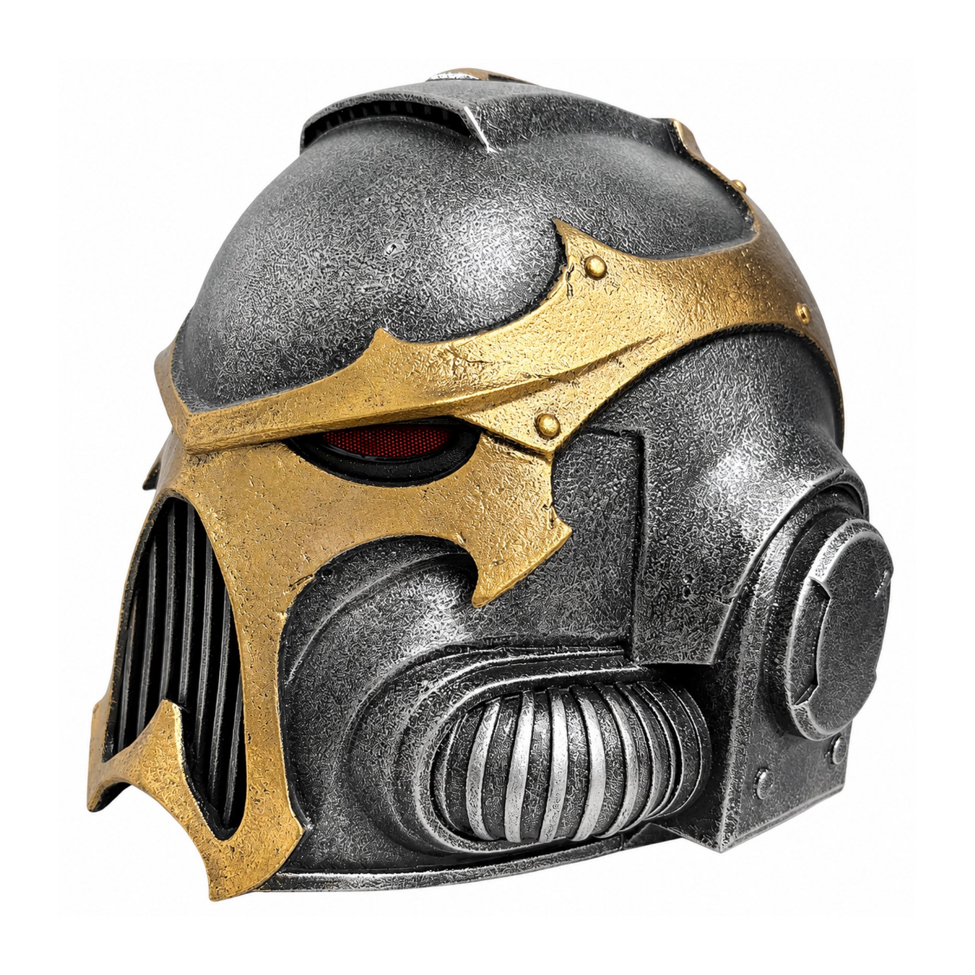 Front left three-quarter view of the Warhammer 40K Chaos Space Marine Helmet replica with LED