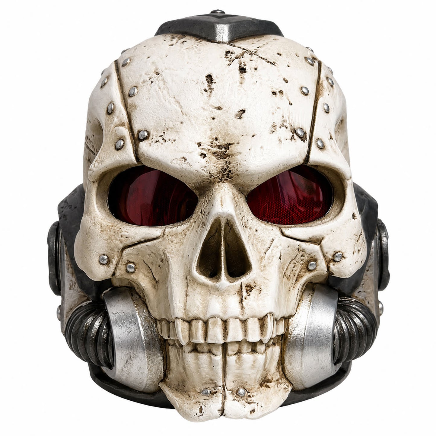 Warhammer 40K Chaplain helmet front view with dark red eye lenses