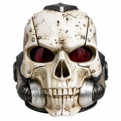Warhammer 40K Chaplain helmet front view with dark red eye lenses