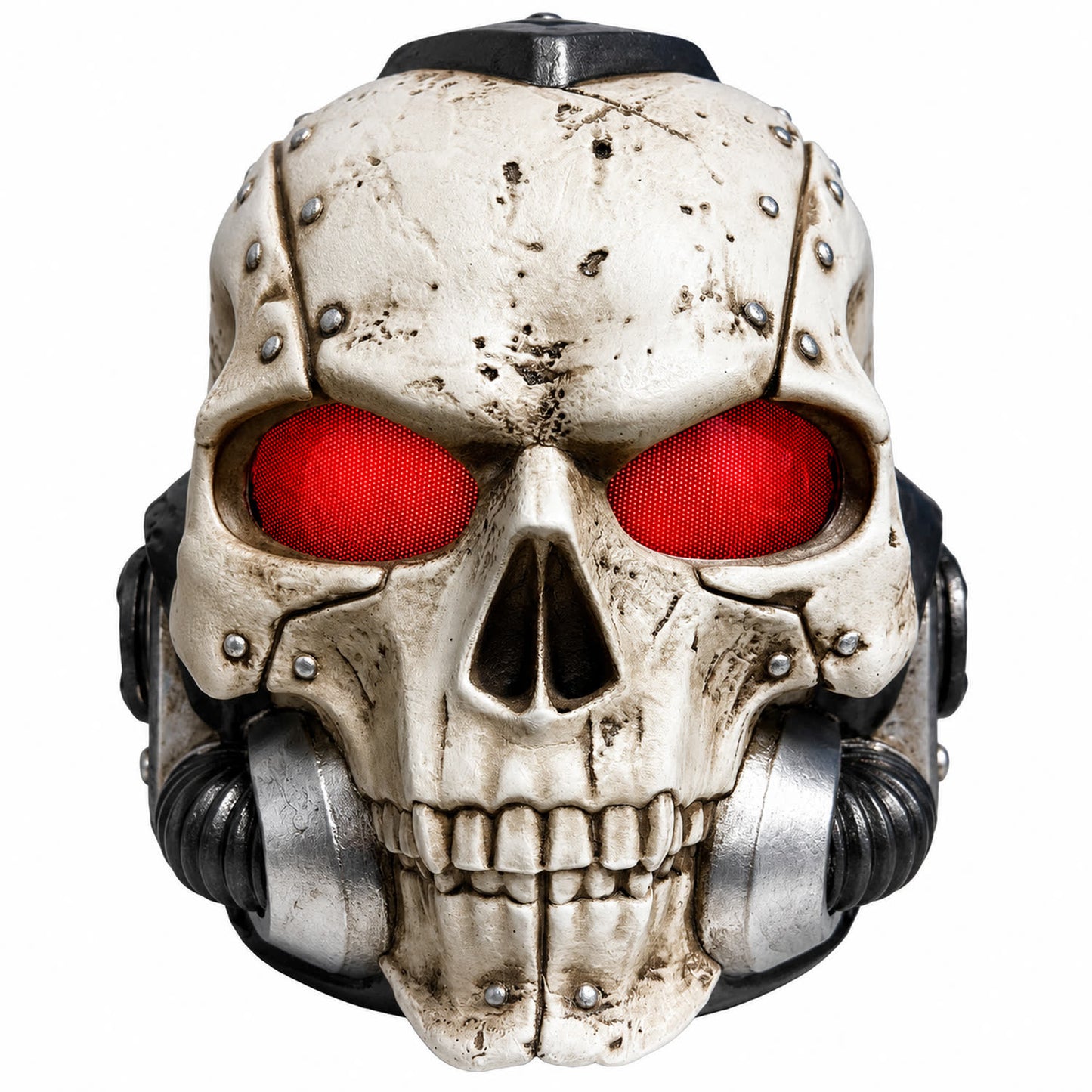Warhammer 40K Chaplain helmet front view with glowing red eye lenses lit