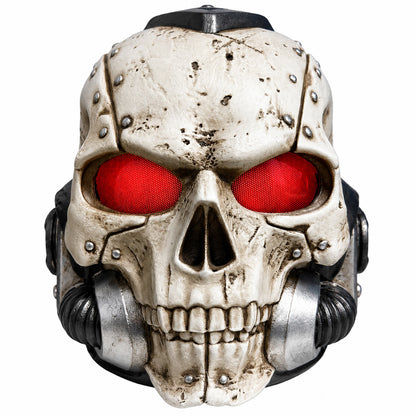 Warhammer 40K Chaplain helmet front view with glowing red eye lenses lit