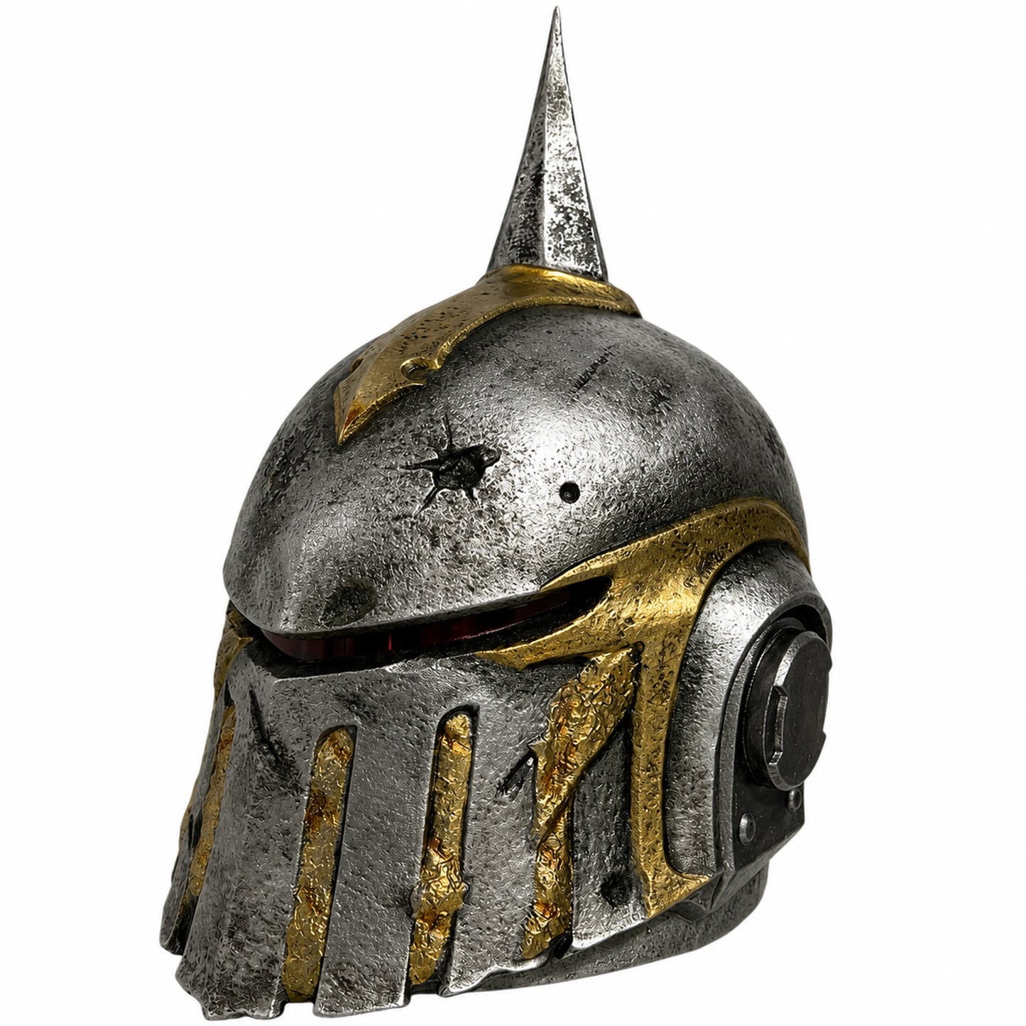 Warhammer 40K Death Guard helmet front right three-quarter view with weathered metal finish
