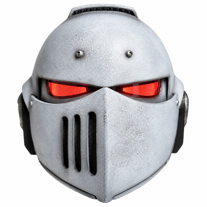 Warhammer 40K Secret Level Bladeguard helmet White Style A front view with LED eyes