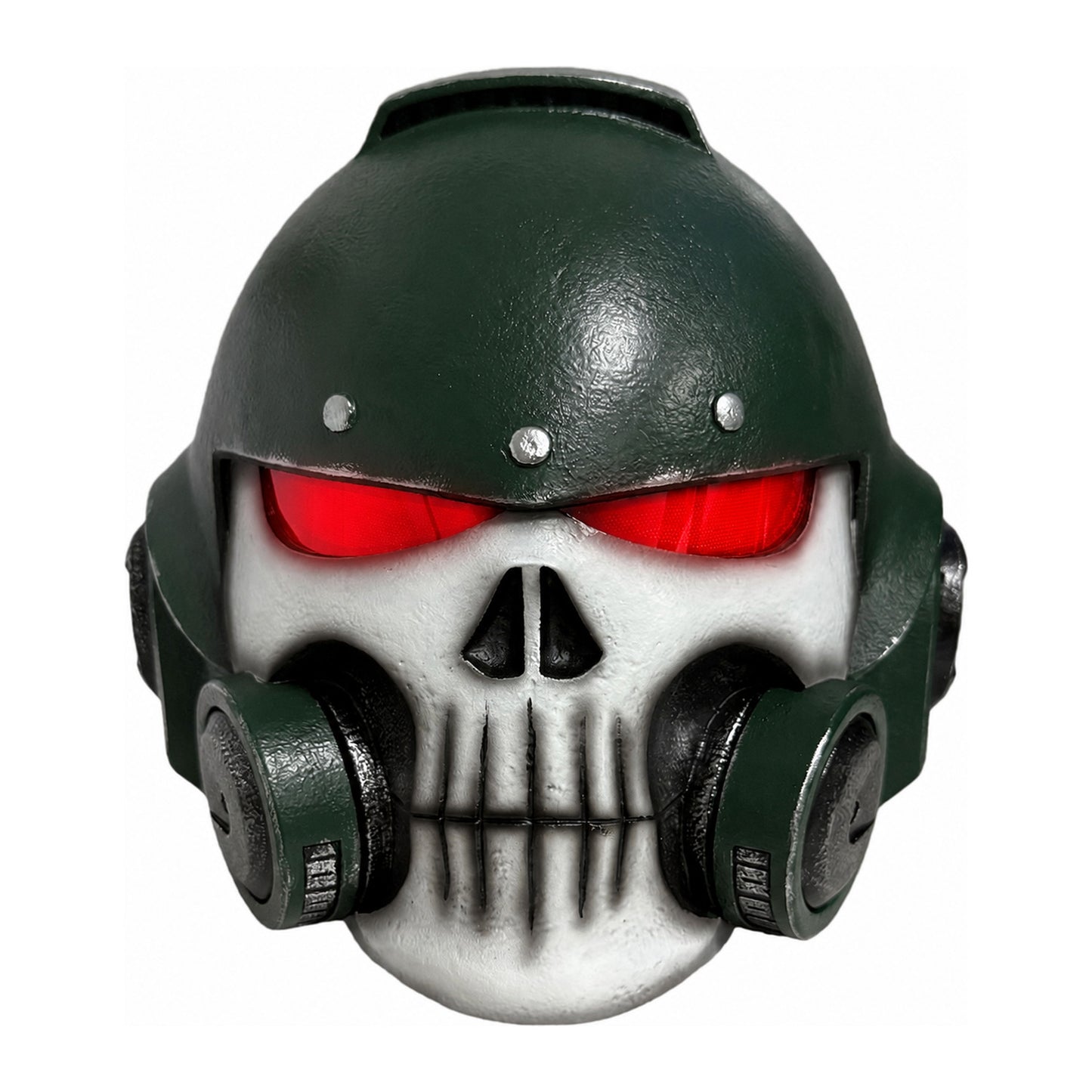 Warhammer 40K Reiver helmet green version front view with red LED visor