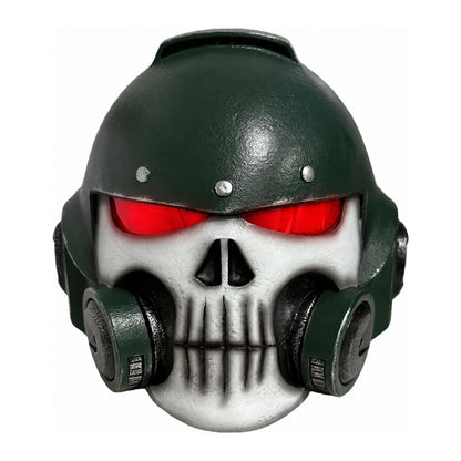 Warhammer 40K Reiver helmet green version front view with red LED visor