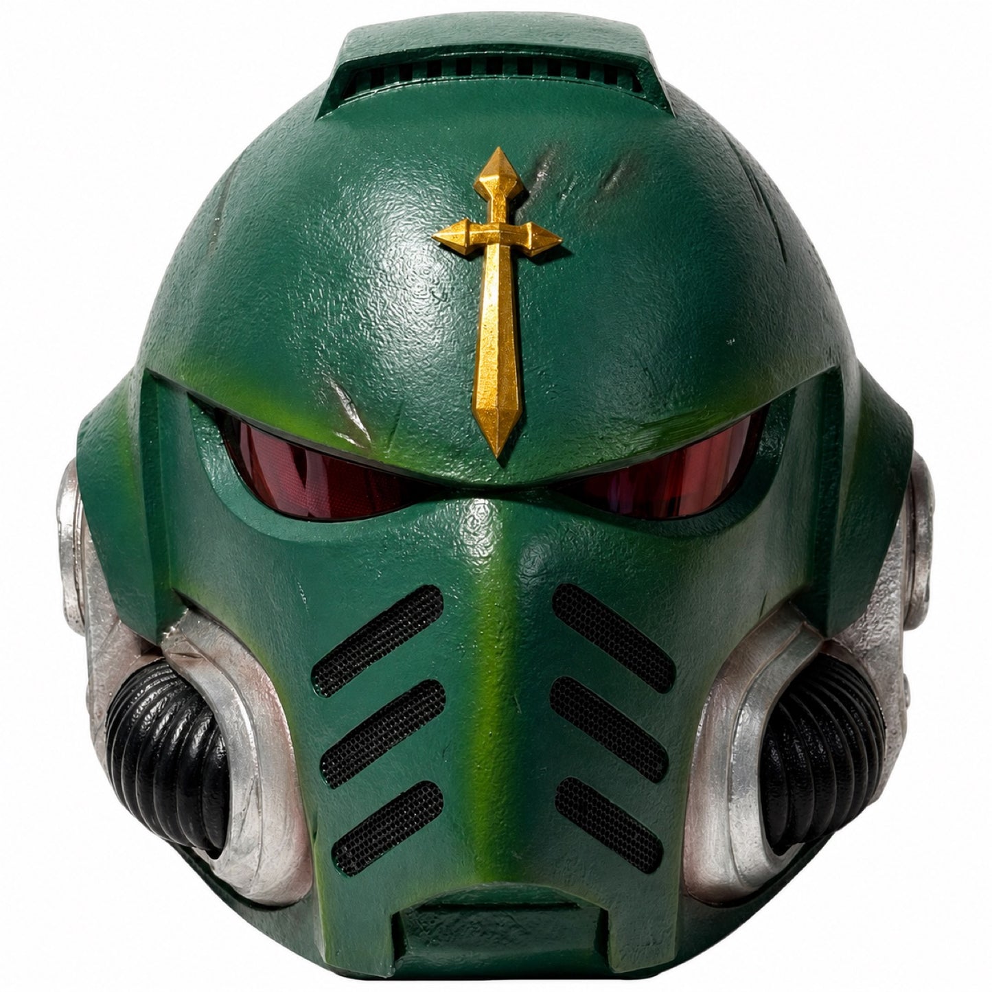 Warhammer 40,000 Dark Angels Mk X helmet front view on white background with gold forehead emblem and red visor