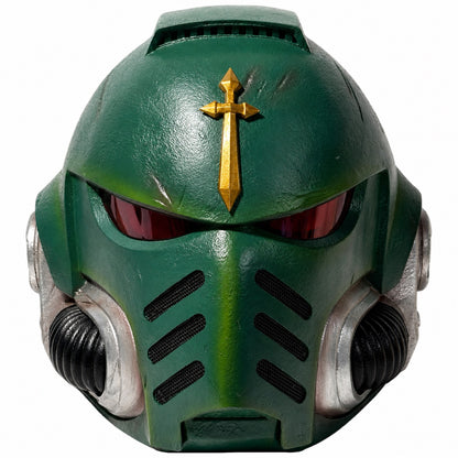 Warhammer 40,000 Dark Angels Mk X helmet front view on white background with gold forehead emblem and red visor
