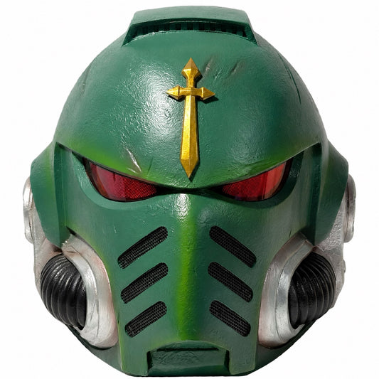 Warhammer 40,000 Dark Angels Mk X helmet front view with red LED eye lenses illuminated