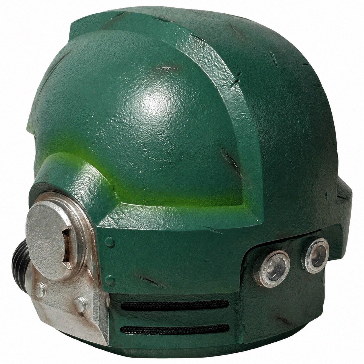 Warhammer 40,000 Dark Angels Mk X helmet left side profile showing silver ear panel and shell detail