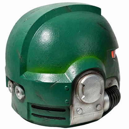 Warhammer 40,000 Dark Angels Mk X helmet right side profile with red eye lens and silver side panel detail