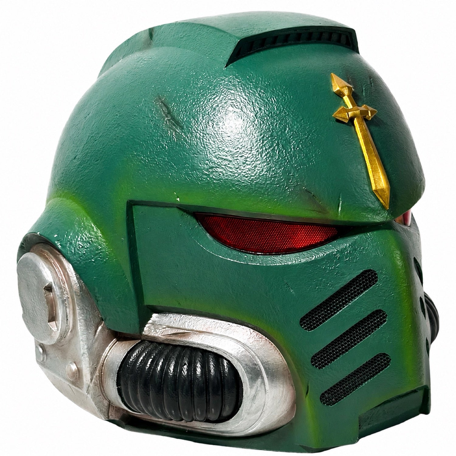 Warhammer 40,000 Dark Angels Mk X helmet front left three-quarter view with gold crest and red visor