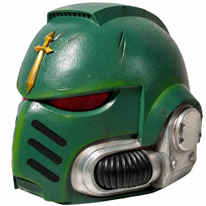 Warhammer 40,000 Dark Angels Mk X helmet front right three-quarter view with red visor and respirator detail