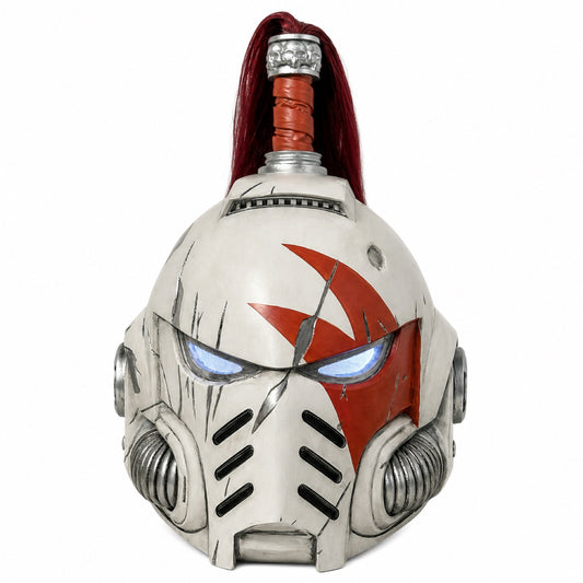 White Scars Champion Space Marine helmet with blue LED eyes, right-scar front view