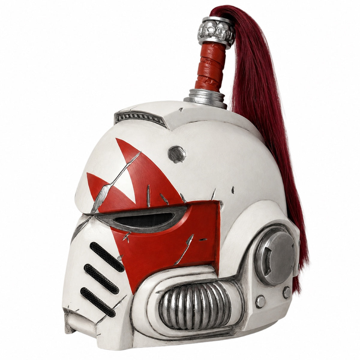 White Scars Champion helmet, right-scar side profile with red lightning jag