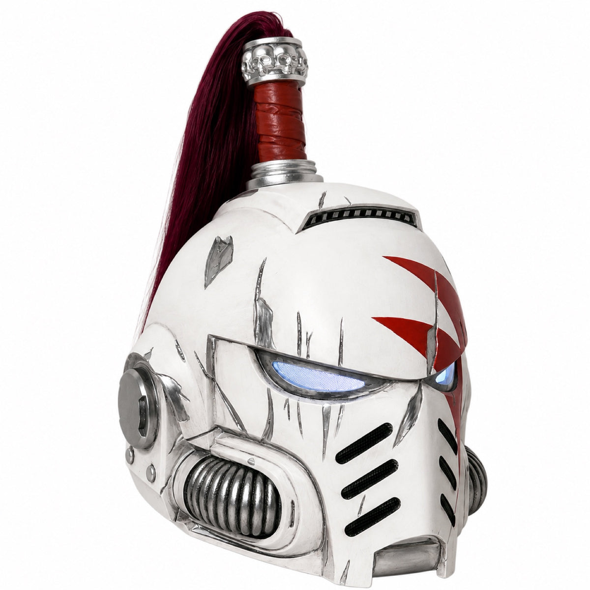 White Scars Champion helmet with LED eyes, right-scar front left three-quarter view