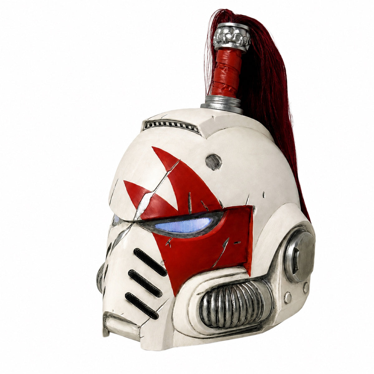 White Scars Champion helmet with LED eyes, right-scar front right three-quarter view