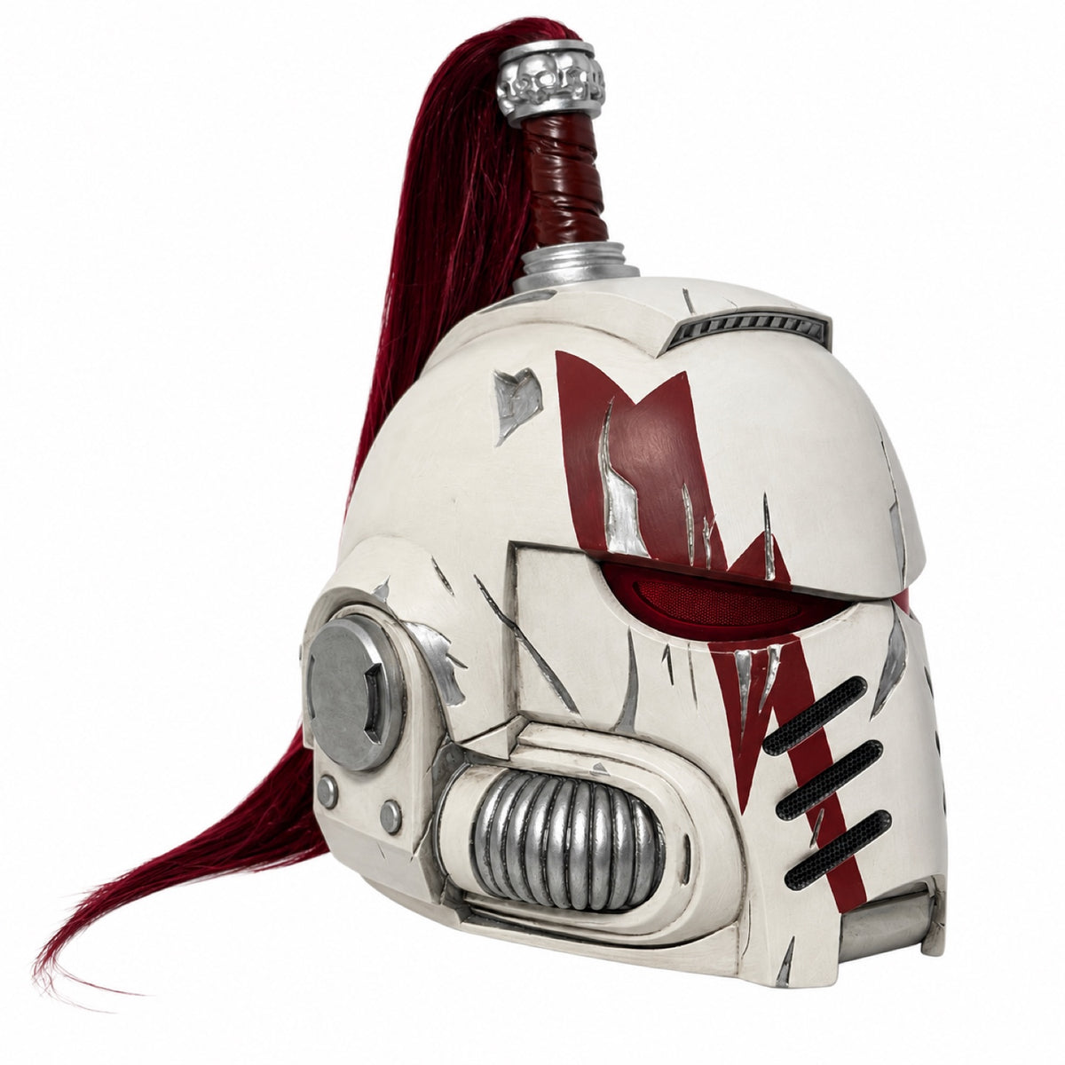 White Scars Champion helmet with LED eyes, left-scar front three-quarter view