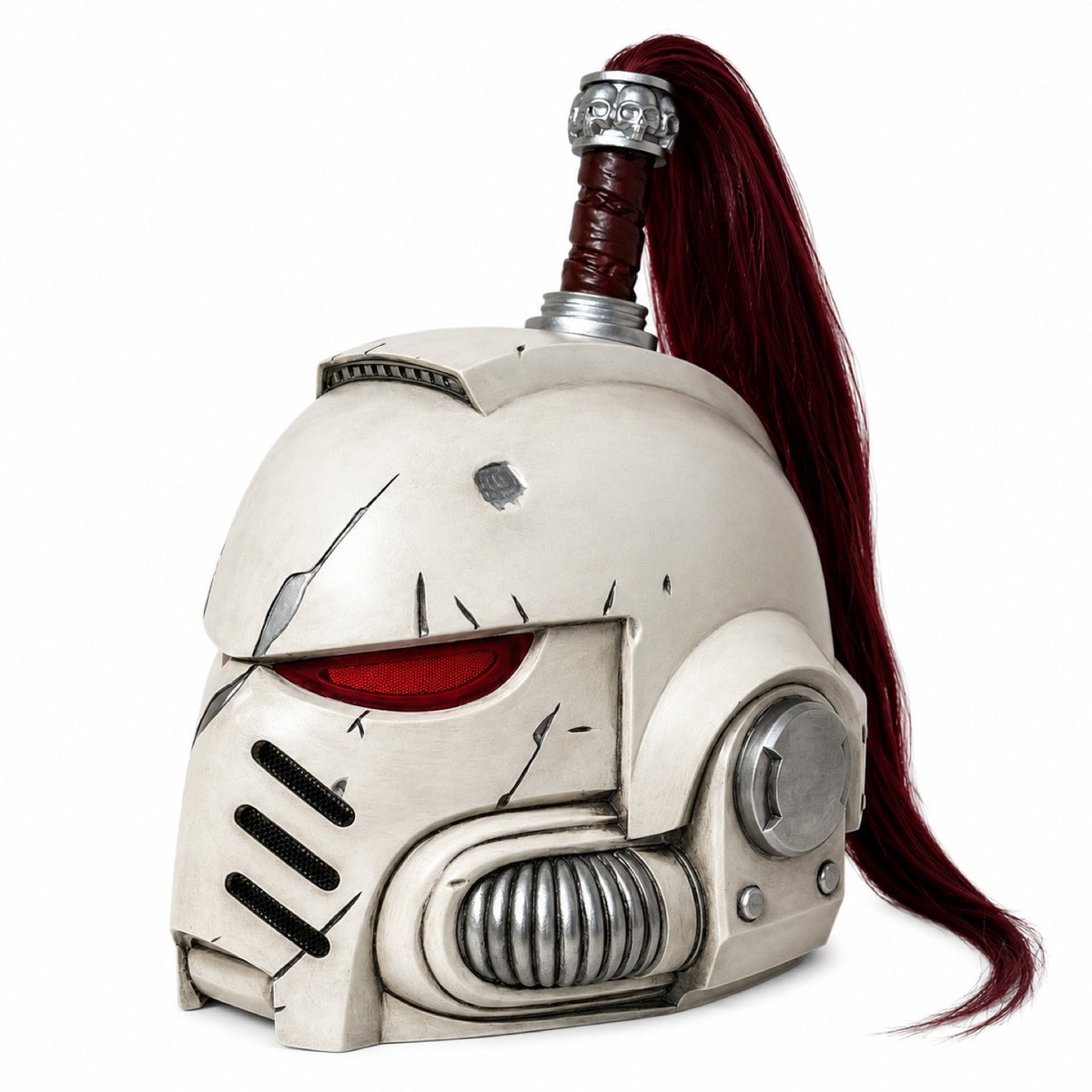 White Scars Champion helmet, left-scar front three-quarter view