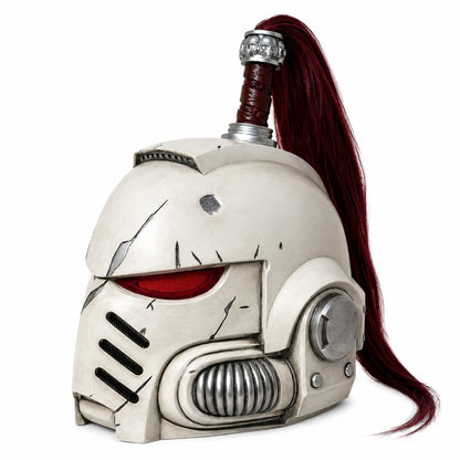 White Scars Champion helmet, left-scar front three-quarter view