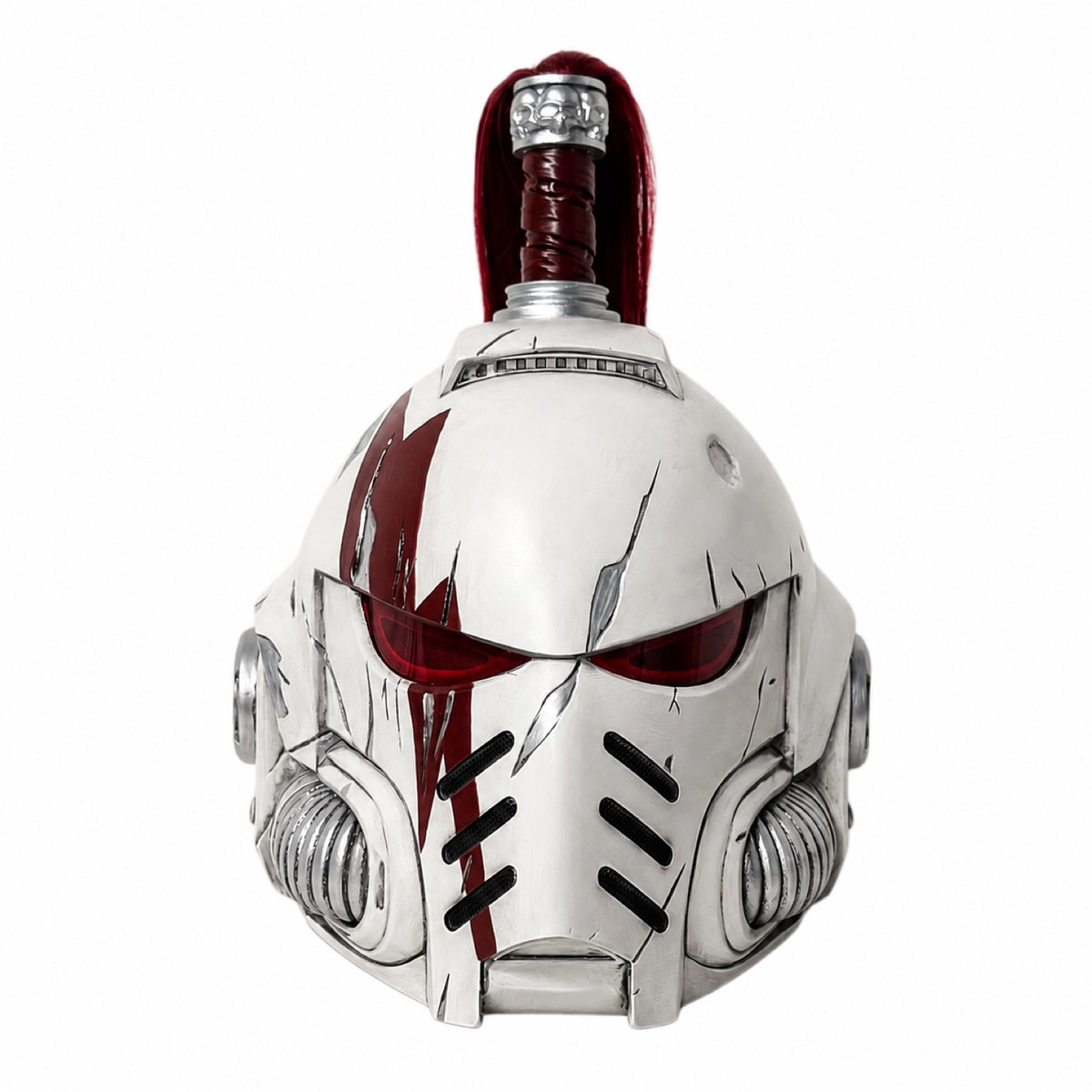 White Scars Champion Space Marine wearable helmet, left-scar front view