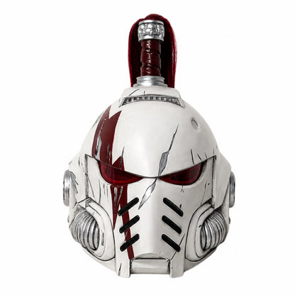 White Scars Champion Space Marine wearable helmet, left-scar front view