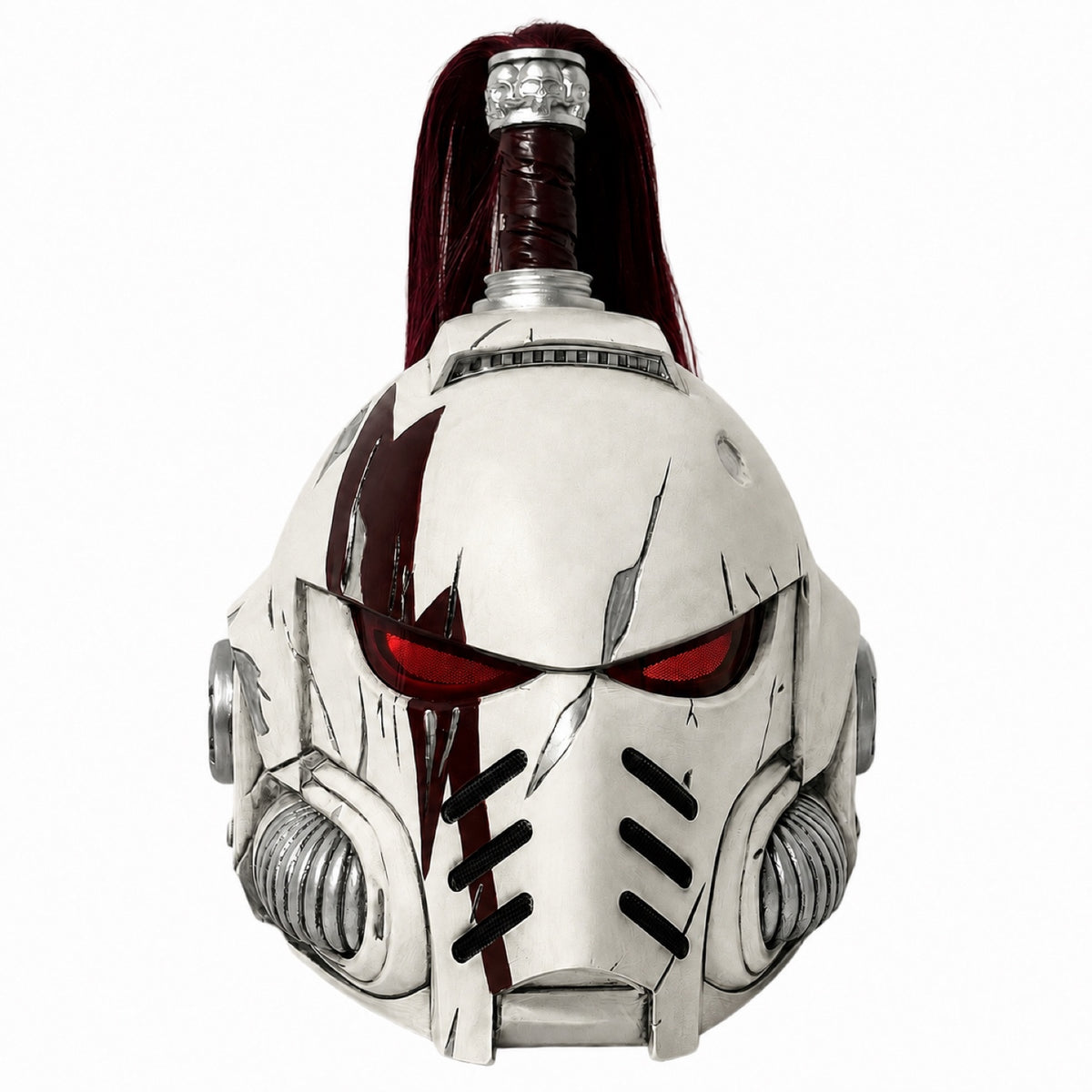 White Scars Champion Space Marine helmet with red LED eyes, left-scar front view