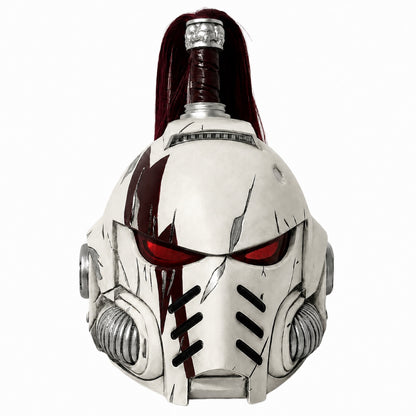 White Scars Champion Space Marine helmet with red LED eyes, left-scar front view