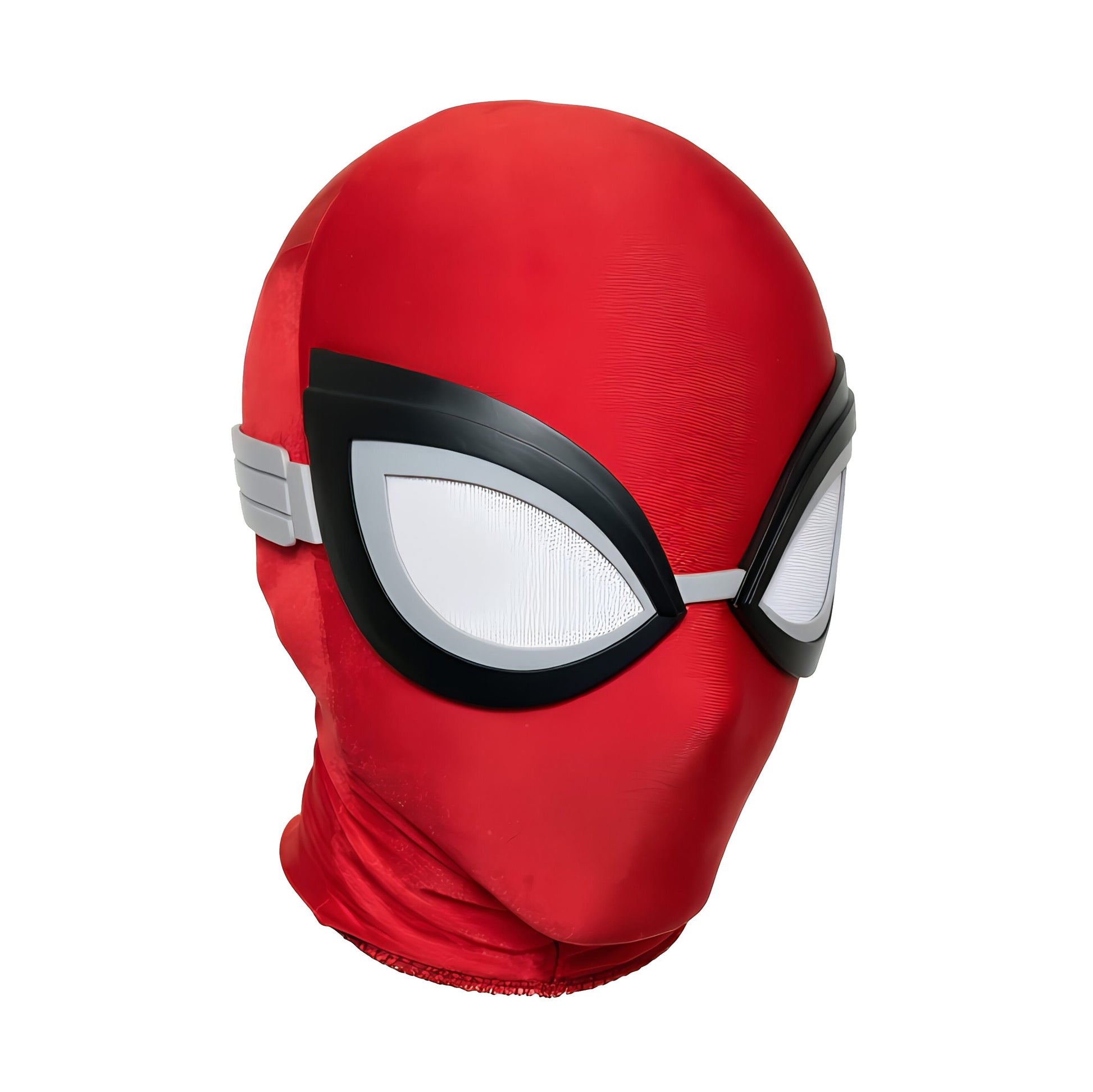 Red superhero mask with black and white eye design on a white background