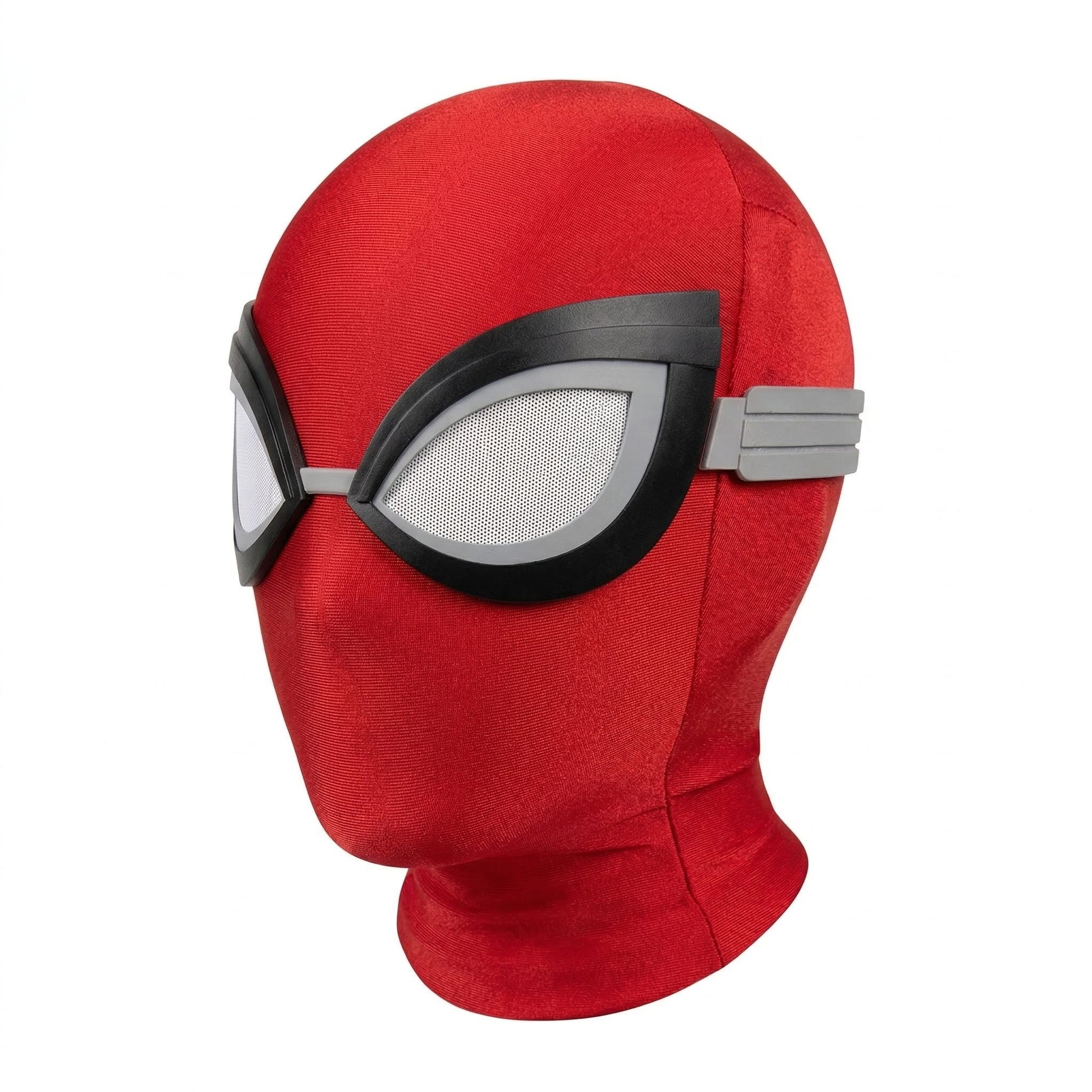 Red superhero mask with black and gray eye lenses on a white background