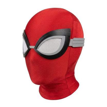 Red superhero mask with black and gray eye lenses on a white background