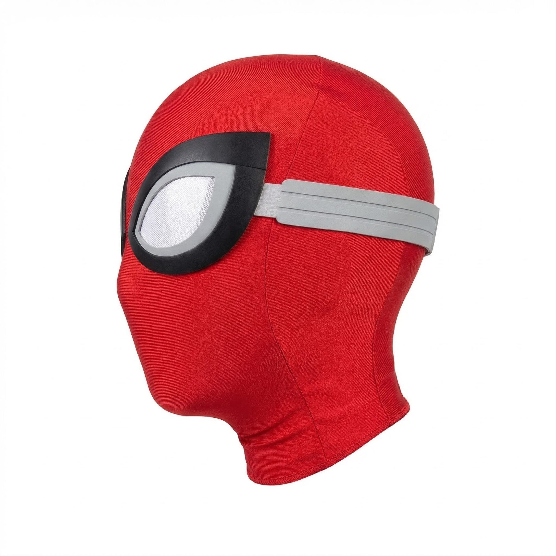 Red superhero mask with a single eye opening on a white background