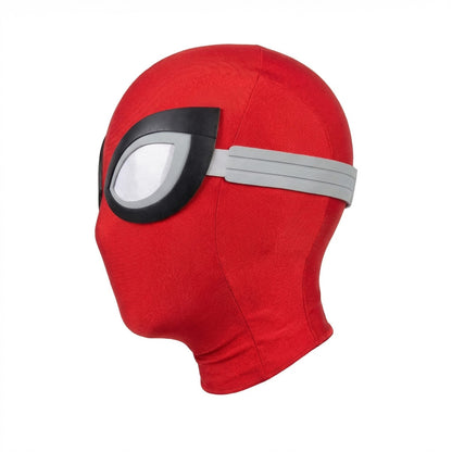Red superhero mask with a single eye opening on a white background